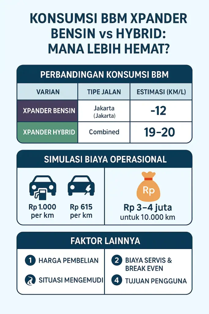 Infografis perbandingan konsumsi bahan bakar Mitsubishi Xpander bensin dan Xpander hybrid tahun 2025
